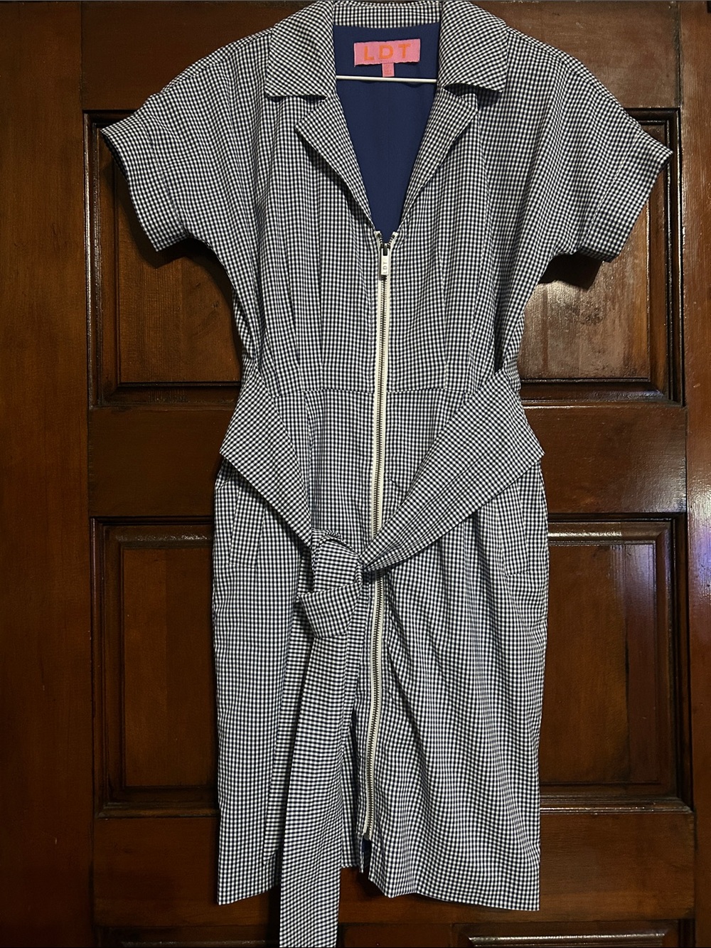 LDT Navy Gingham Zip-Front Tie-Waist Shirt Dress